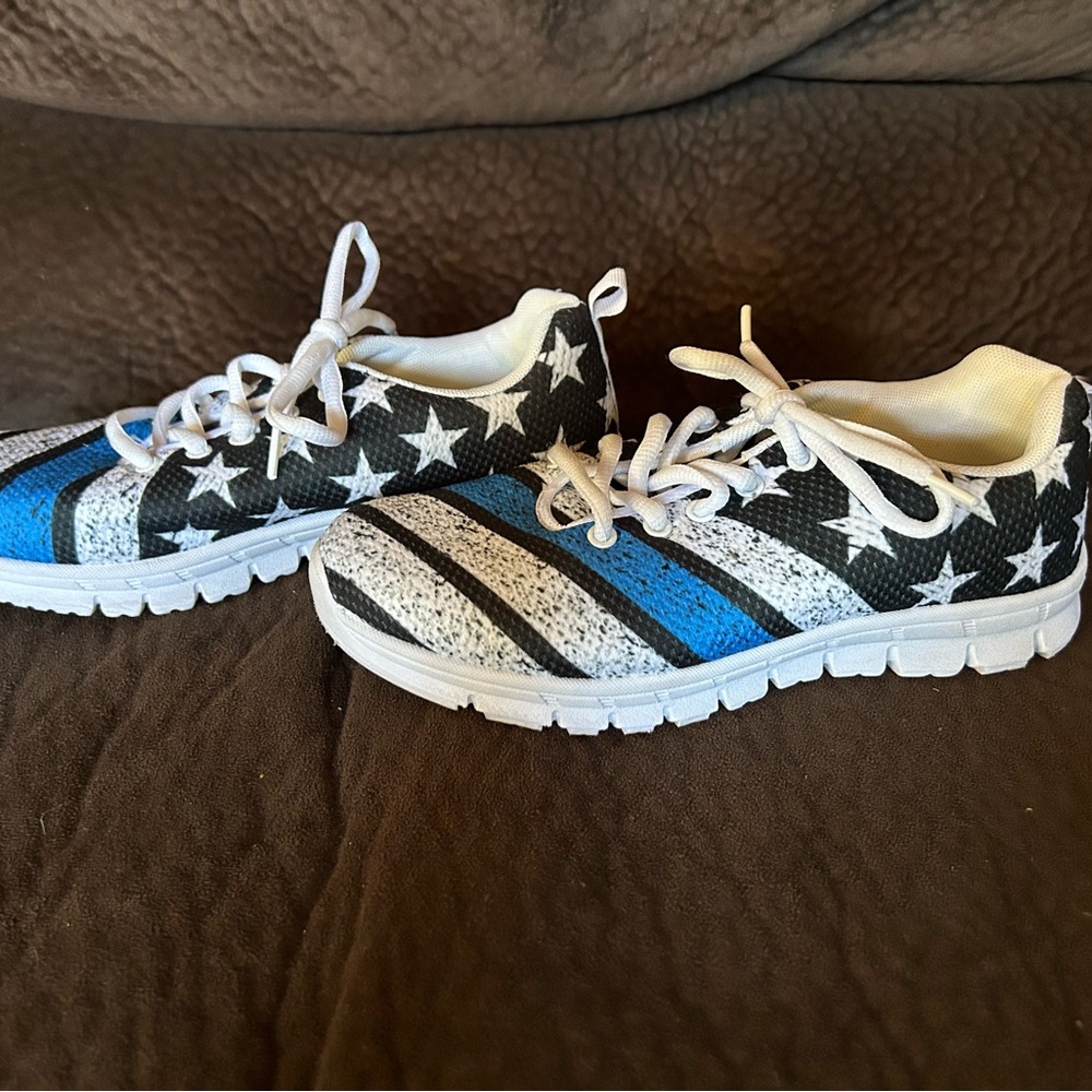 “Thin Blue Line” Sneakers - Black, Blue, White, women’s size 7